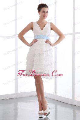 Short Prom Dress With White Sash A-line V-neck Short Prom Dress With White Sash A-line V-neck