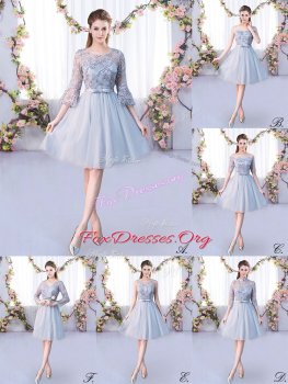 Grey Lace Up Quinceanera Court Dresses Lace and Belt 3 4 Length Sleeve Knee Length Grey Lace Up Quinceanera Court Dresses Lace and Belt 3 4 Length Sleeve Knee Length