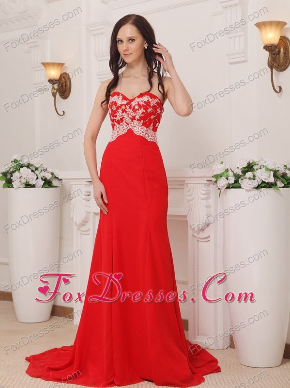 Sweetheart Red Appliques Brush Train Celebrity Evening Dresses