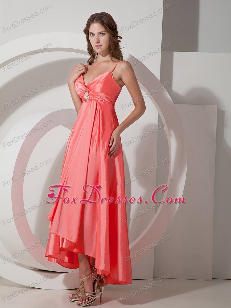 Asymmetrical Spaghetti Straps Cheap Orange Red Prom Dress