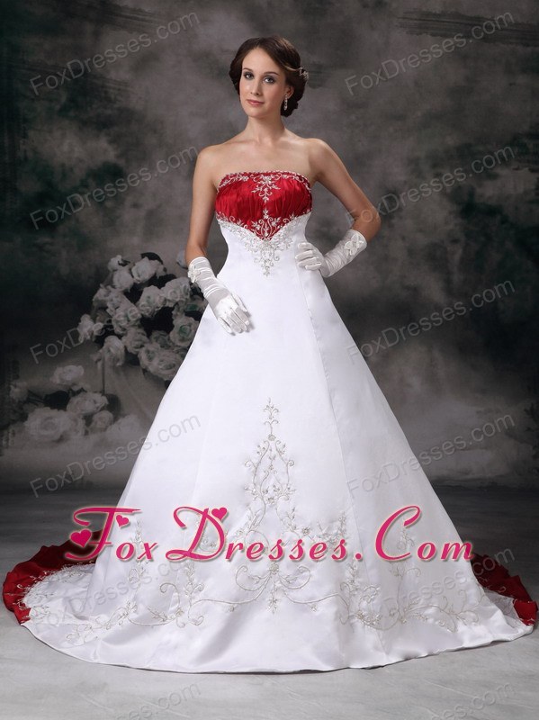 And White Embroidery Wedding Dress Satin Court Train Red And White Embroidery Wedding Dress Satin Court Train