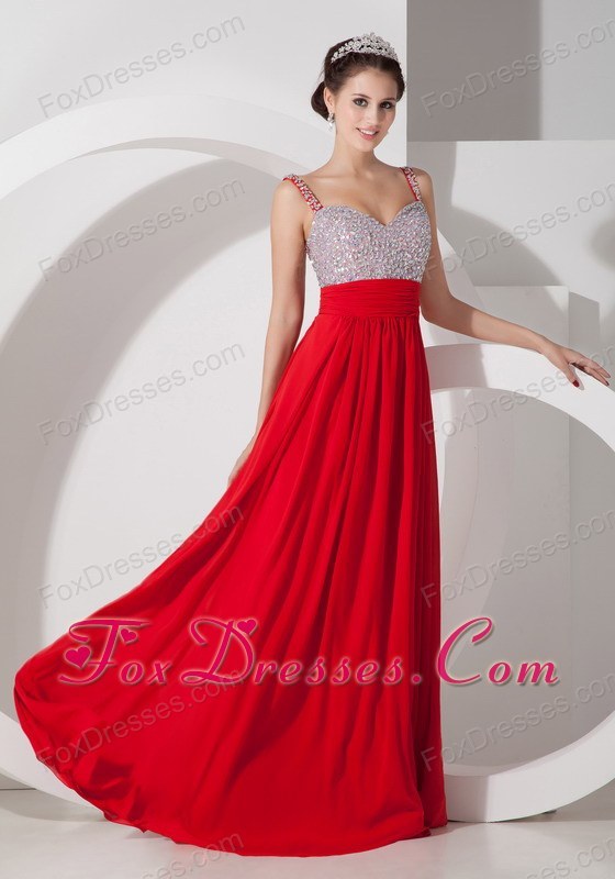 Red Straps Prom Pageant Dress Long Beading and Ruche Red Straps Prom Pageant Dress Long Beading and Ruche