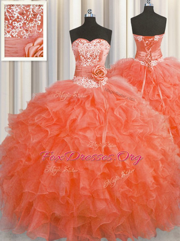red flower ball gown